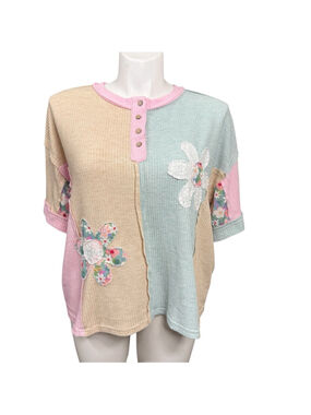 Sage + Fig Patchwork Floral Waffle Knit Top Boho Oversized Small